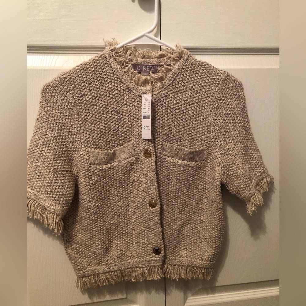 J Crew cropped fringe trim short sleeve lady jacket in beige marled yarn tweed.